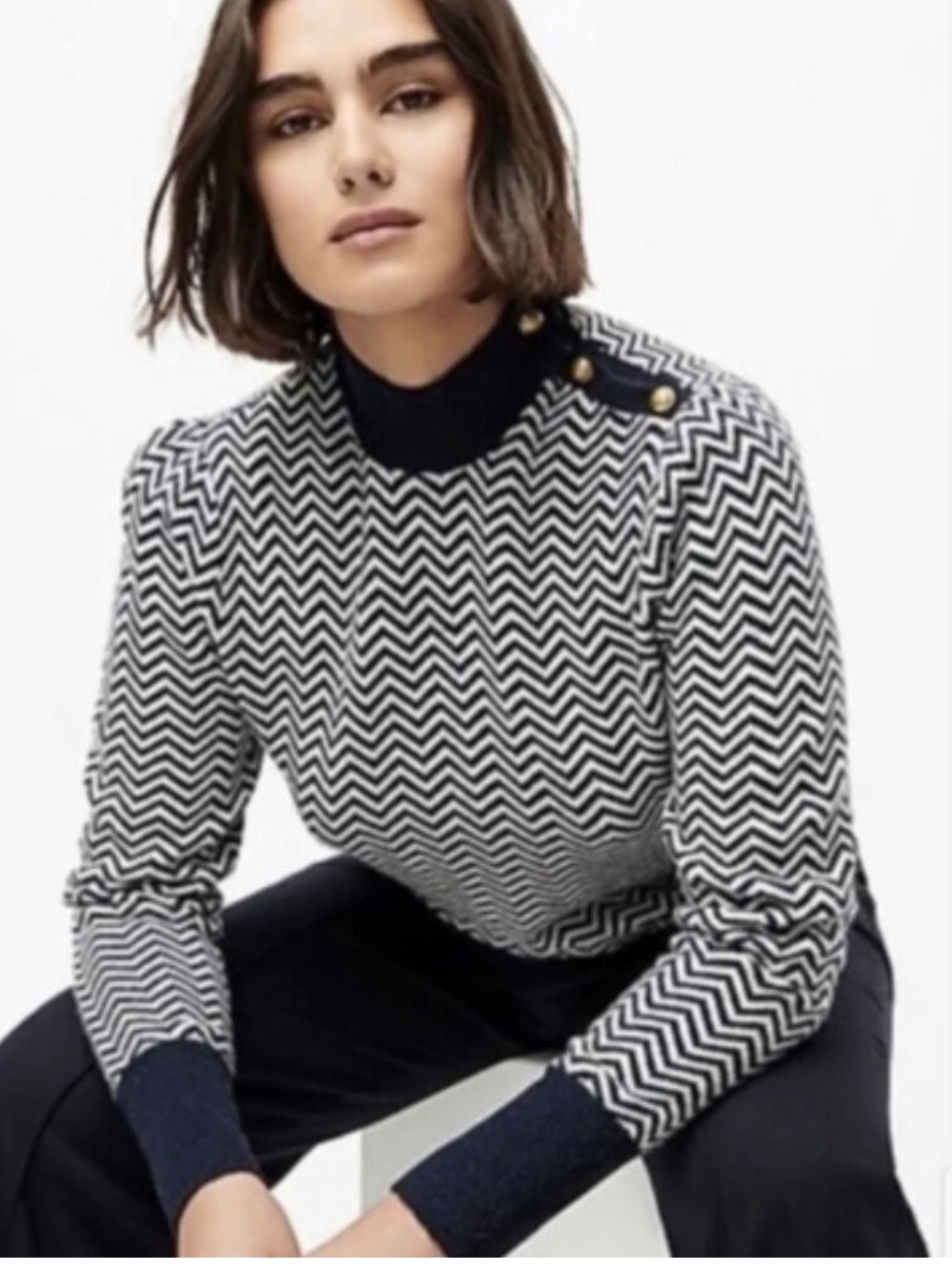 JCrew Chevron Knit Button-Shoulder Sweater - Black & White
